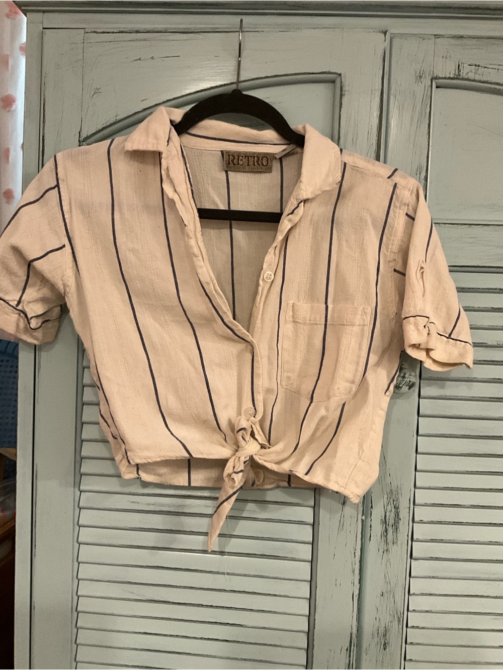 Etro Beige Crop Button-Tie Top with Navy Stripes